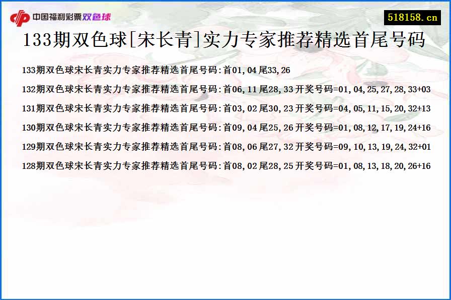 133期双色球[宋长青]实力专家推荐精选首尾号码