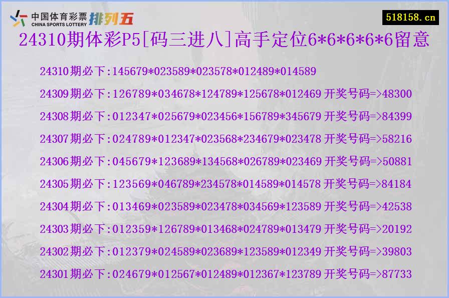 24310期体彩P5[码三进八]高手定位6*6*6*6*6留意