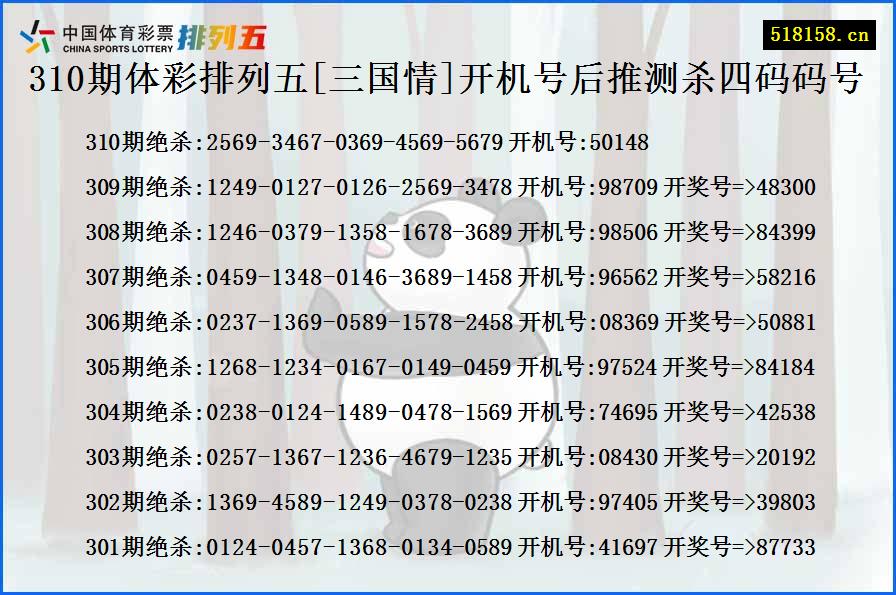 310期体彩排列五[三国情]开机号后推测杀四码码号