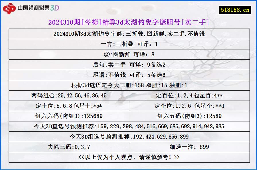 2024310期[冬梅]精算3d太湖钓叟字谜胆号[卖二手]