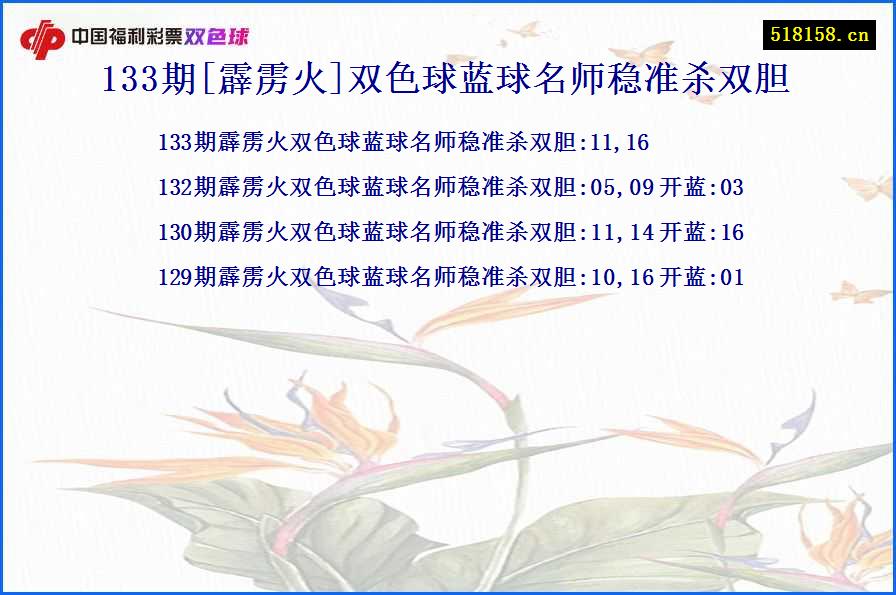 133期[霹雳火]双色球蓝球名师稳准杀双胆