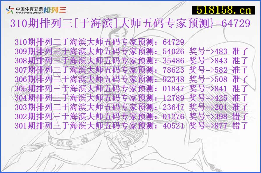 310期排列三[于海滨]大师五码专家预测}=64729