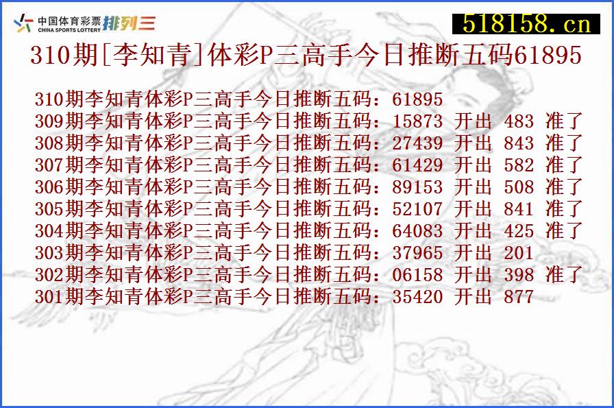 310期[李知青]体彩P三高手今日推断五码61895