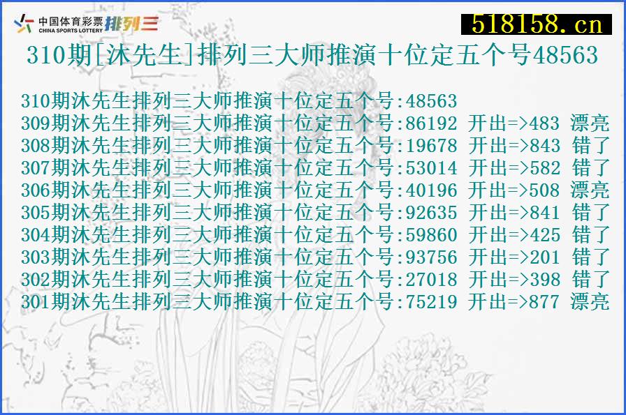 310期[沐先生]排列三大师推演十位定五个号48563