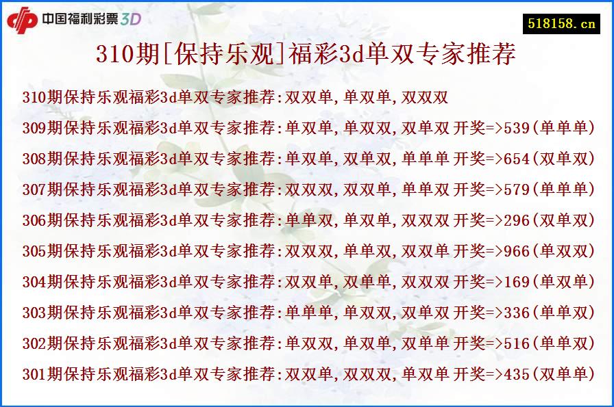 310期[保持乐观]福彩3d单双专家推荐