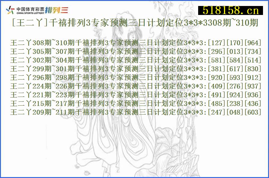 [王二丫]千禧排列3专家预测三日计划定位3*3*3308期~310期