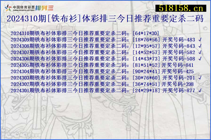 2024310期[铁布衫]体彩排三今日推荐重要定杀二码