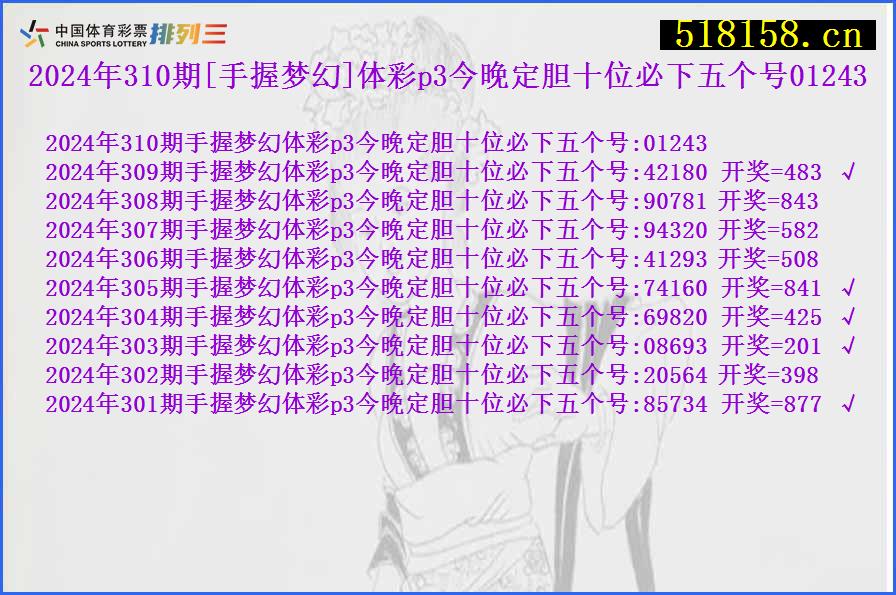 2024年310期[手握梦幻]体彩p3今晚定胆十位必下五个号01243