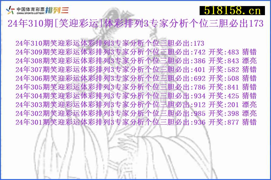 24年310期[笑迎彩运]体彩排列3专家分析个位三胆必出173