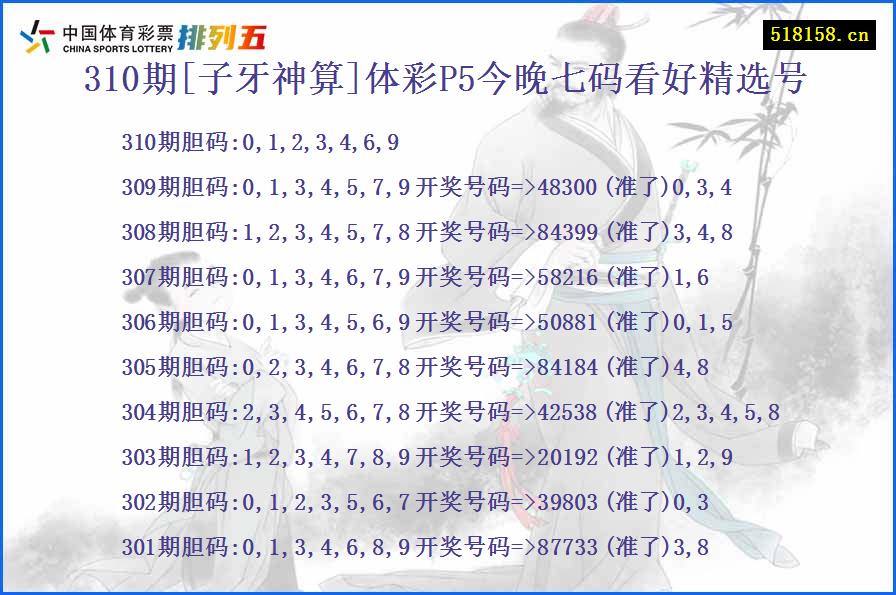 310期[子牙神算]体彩P5今晚七码看好精选号