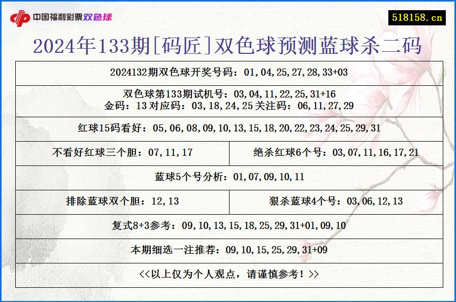 2024年133期[码匠]双色球预测蓝球杀二码