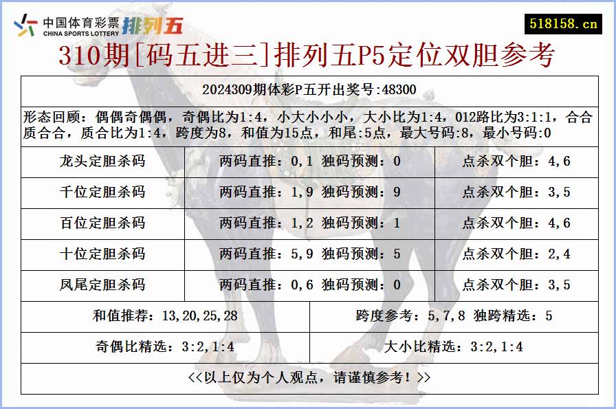 310期[码五进三]排列五P5定位双胆参考