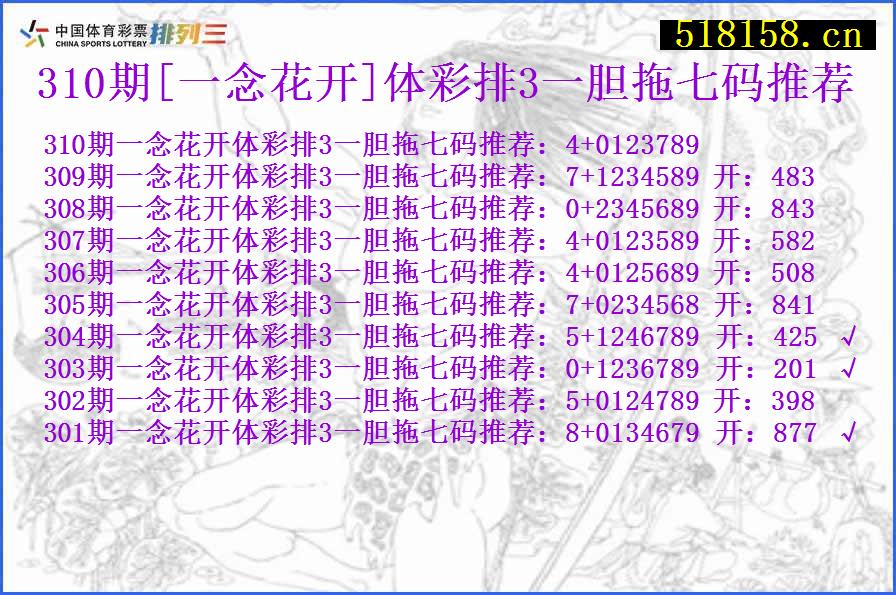 310期[一念花开]体彩排3一胆拖七码推荐