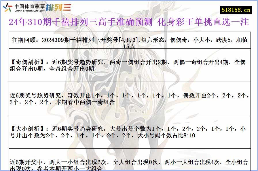 24年310期千禧排列三高手准确预测 化身彩王单挑直选一注