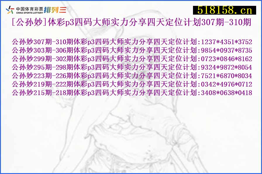 [公孙妙]体彩p3四码大师实力分享四天定位计划307期-310期