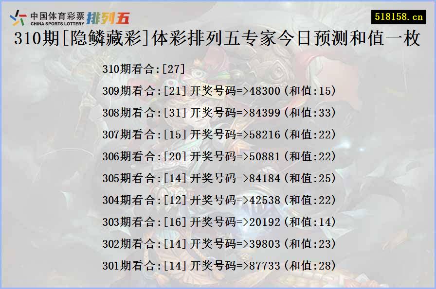 310期[隐鳞藏彩]体彩排列五专家今日预测和值一枚