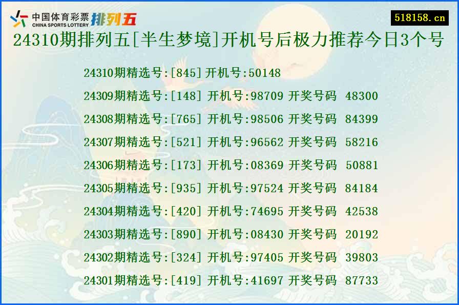 24310期排列五[半生梦境]开机号后极力推荐今日3个号