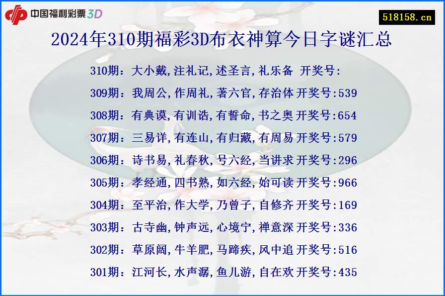 2024年310期福彩3D布衣神算今日字谜汇总