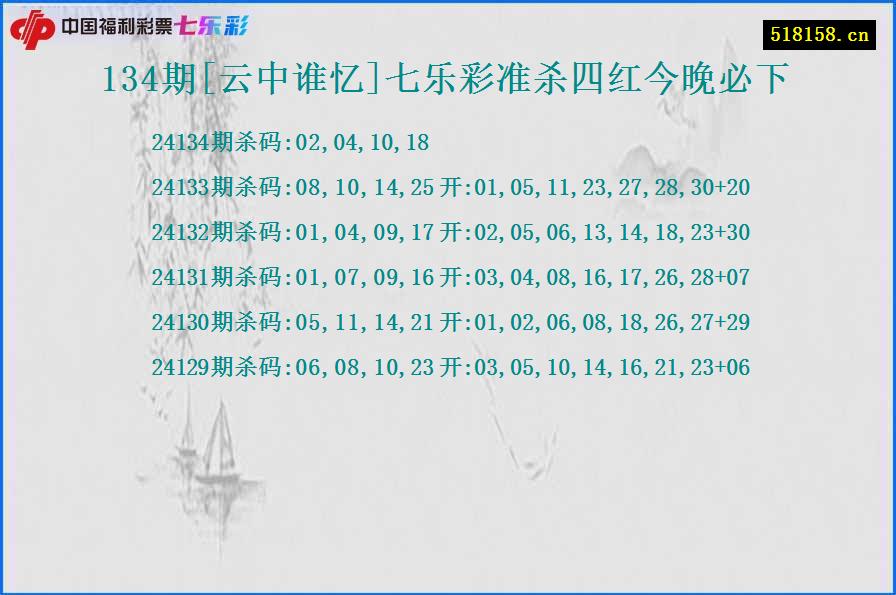 134期[云中谁忆]七乐彩准杀四红今晚必下