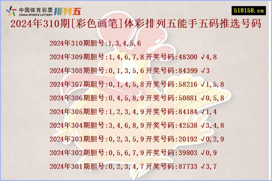 2024年310期[彩色画笔]体彩排列五能手五码推选号码