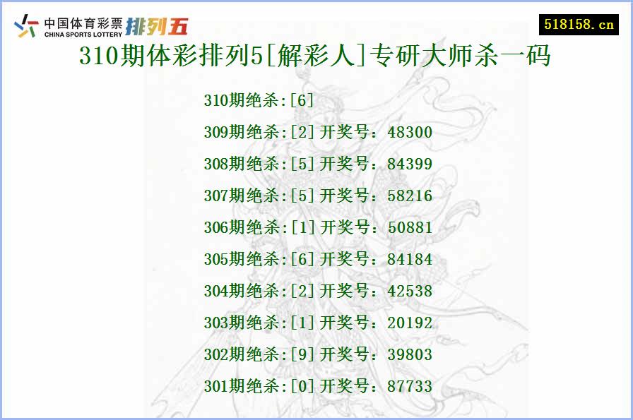 310期体彩排列5[解彩人]专研大师杀一码