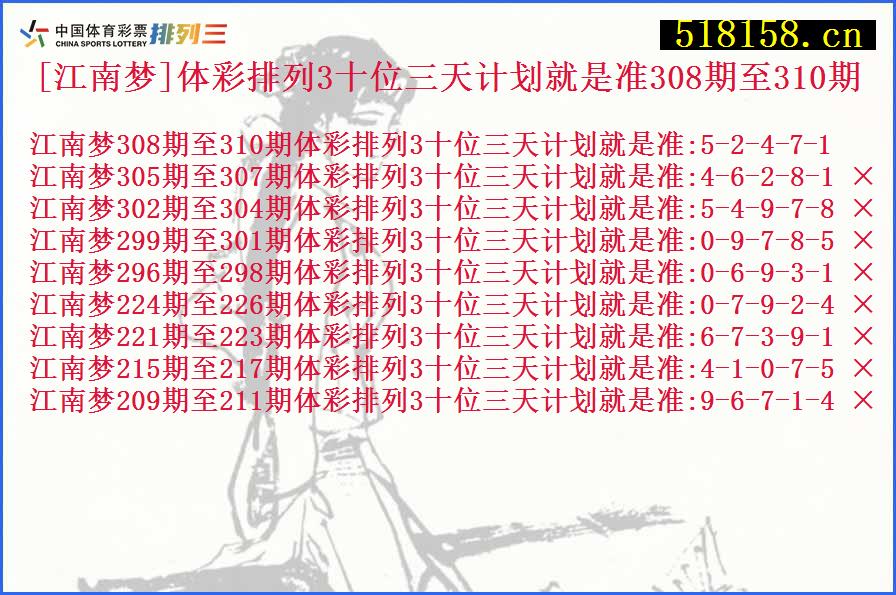 [江南梦]体彩排列3十位三天计划就是准308期至310期