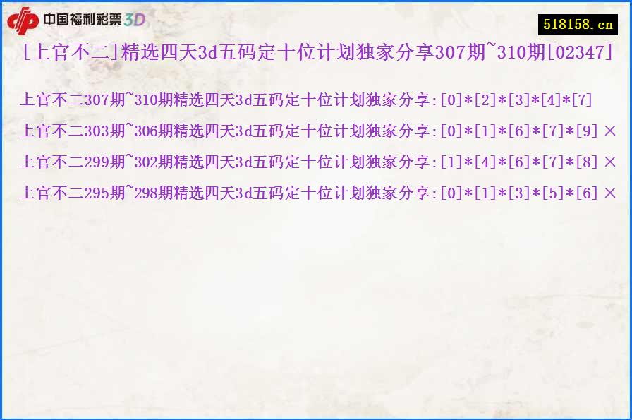 [上官不二]精选四天3d五码定十位计划独家分享307期~310期[02347]