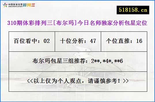 310期体彩排列三[布尔玛]今日名师独家分析包星定位