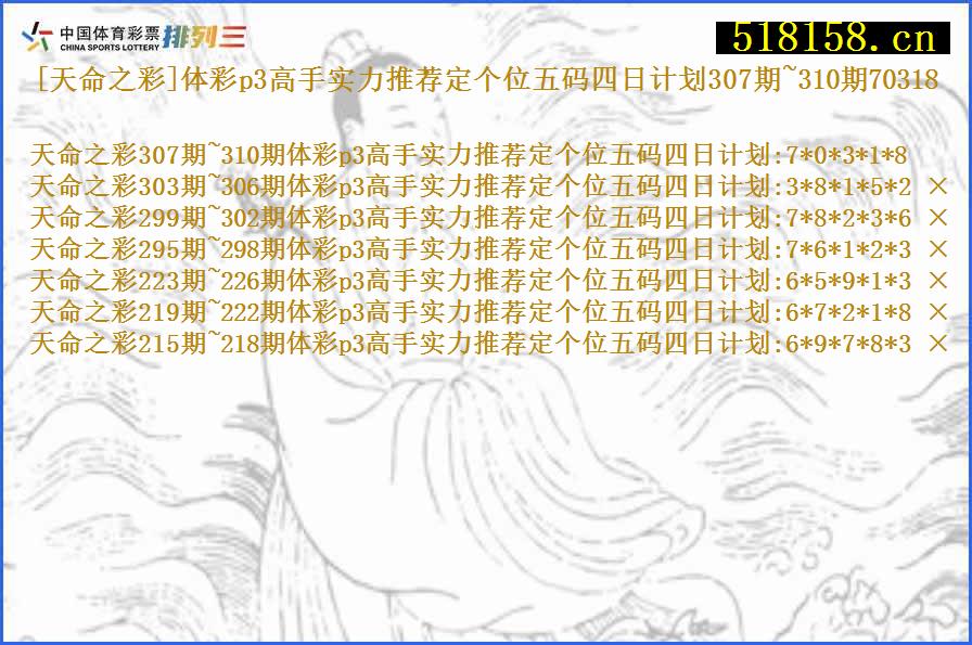 [天命之彩]体彩p3高手实力推荐定个位五码四日计划307期~310期70318