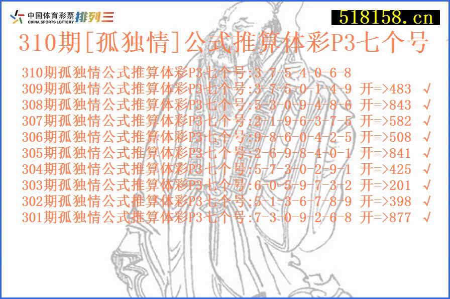 310期[孤独情]公式推算体彩P3七个号