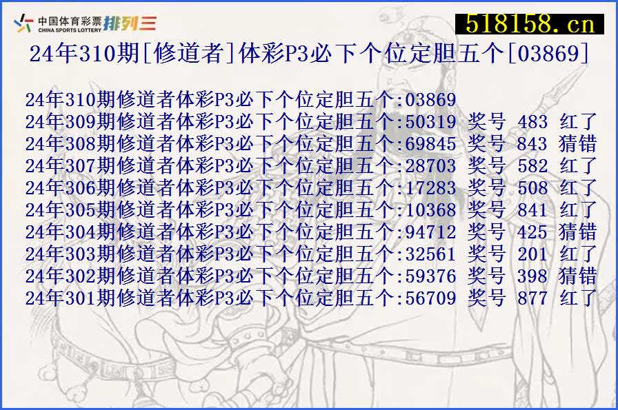 24年310期[修道者]体彩P3必下个位定胆五个[03869]