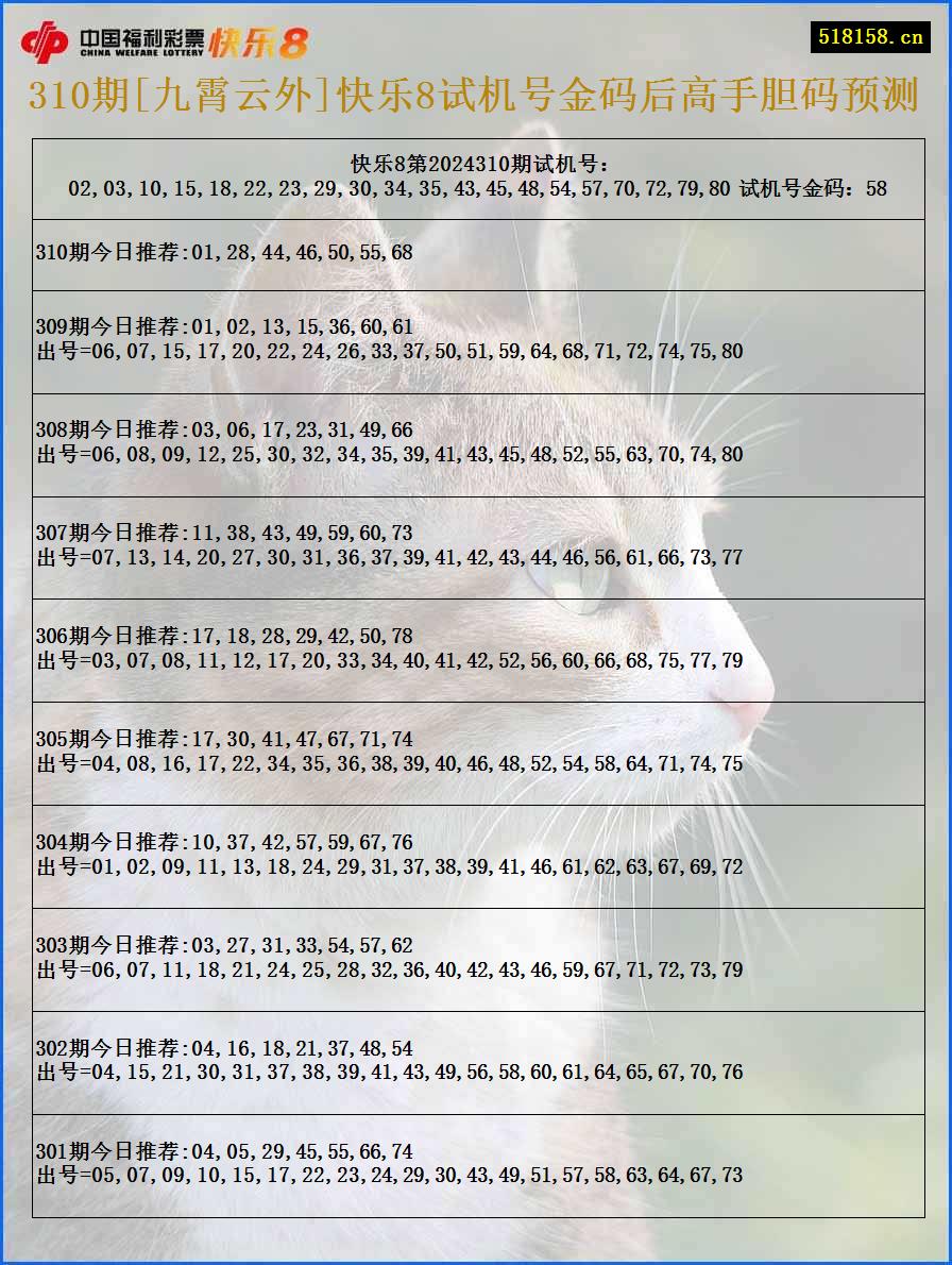 310期[九霄云外]快乐8试机号金码后高手胆码预测