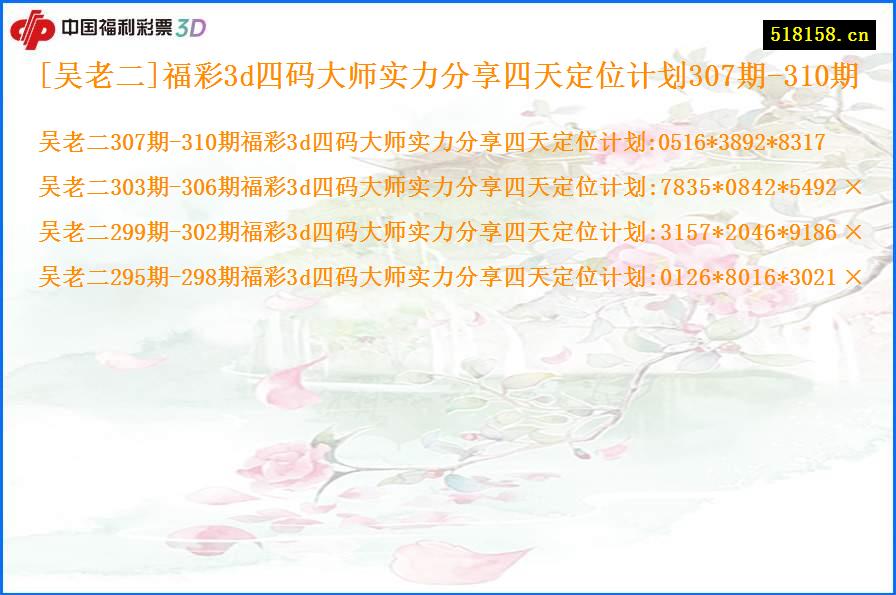 [吴老二]福彩3d四码大师实力分享四天定位计划307期-310期