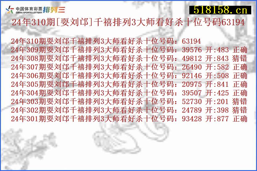 24年310期[耍刘邙]千禧排列3大师看好杀十位号码63194