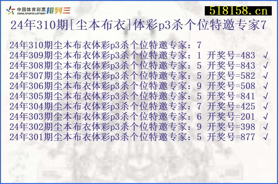 24年310期[尘本布衣]体彩p3杀个位特邀专家7