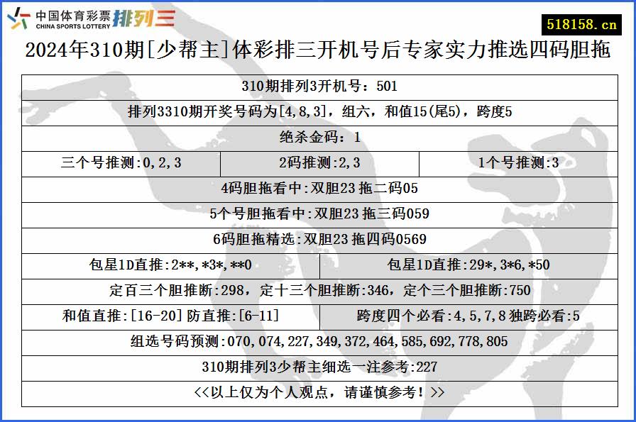 2024年310期[少帮主]体彩排三开机号后专家实力推选四码胆拖