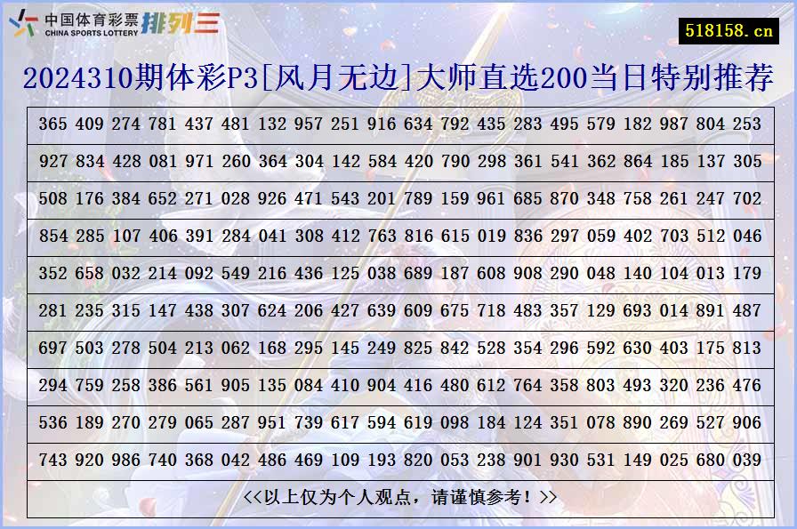 2024310期体彩P3[风月无边]大师直选200当日特别推荐