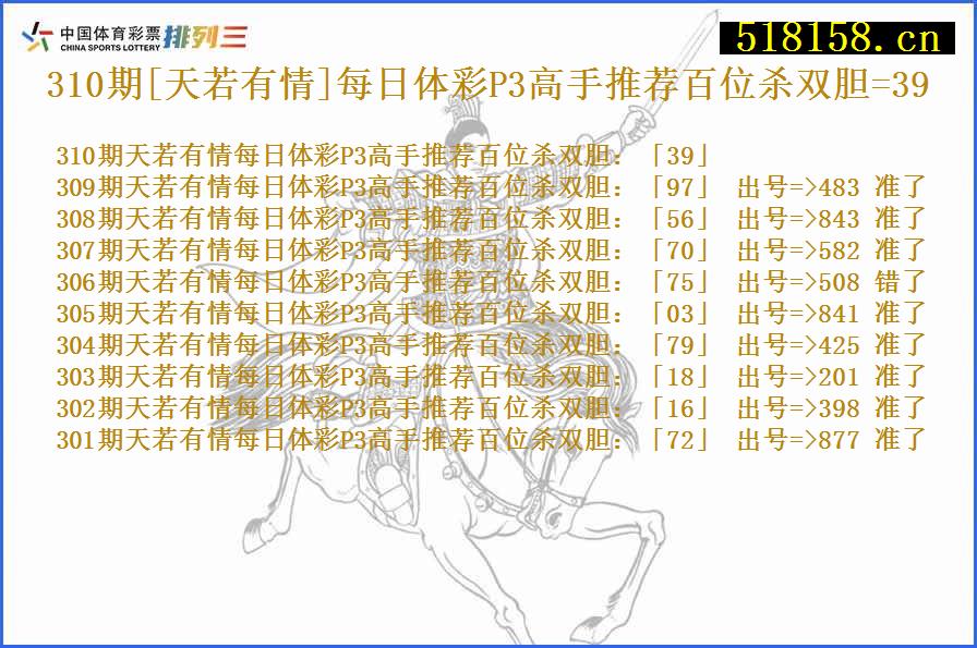 310期[天若有情]每日体彩P3高手推荐百位杀双胆=39