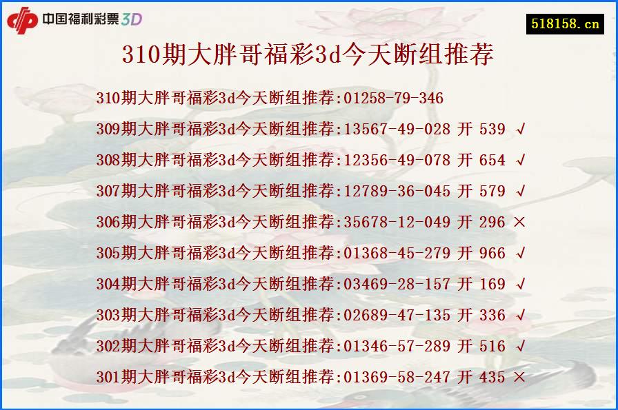 310期大胖哥福彩3d今天断组推荐