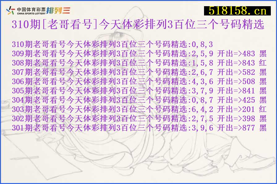 310期[老哥看号]今天体彩排列3百位三个号码精选