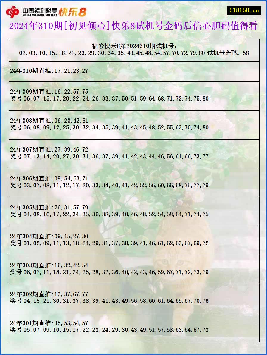 2024年310期[初见倾心]快乐8试机号金码后信心胆码值得看