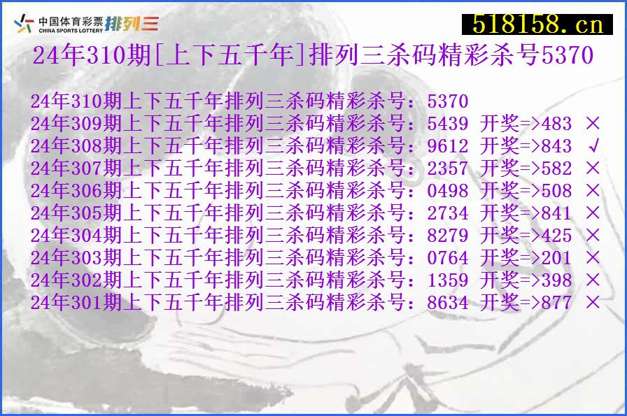 24年310期[上下五千年]排列三杀码精彩杀号5370