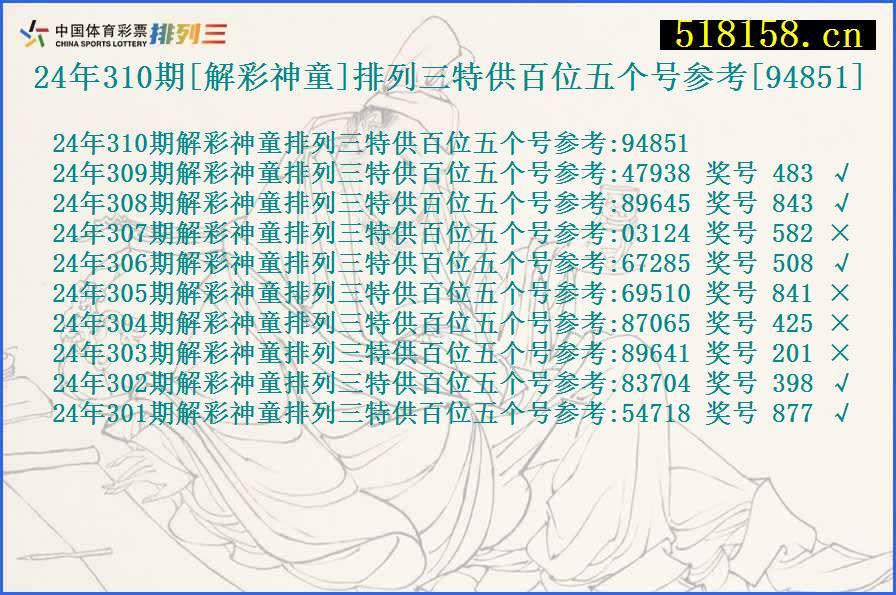 24年310期[解彩神童]排列三特供百位五个号参考[94851]