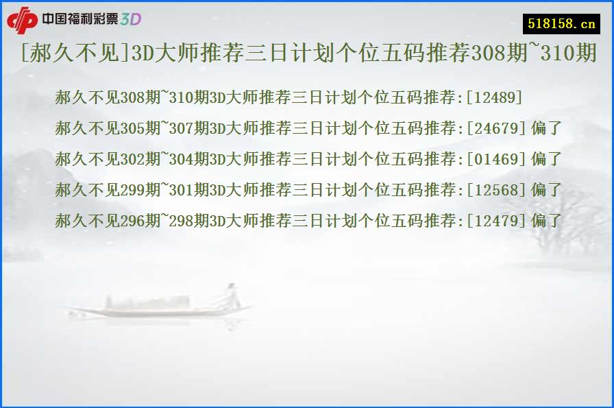 [郝久不见]3D大师推荐三日计划个位五码推荐308期~310期