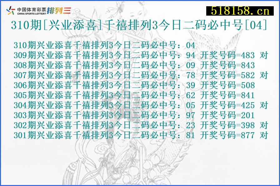 310期[兴业添喜]千禧排列3今日二码必中号[04]