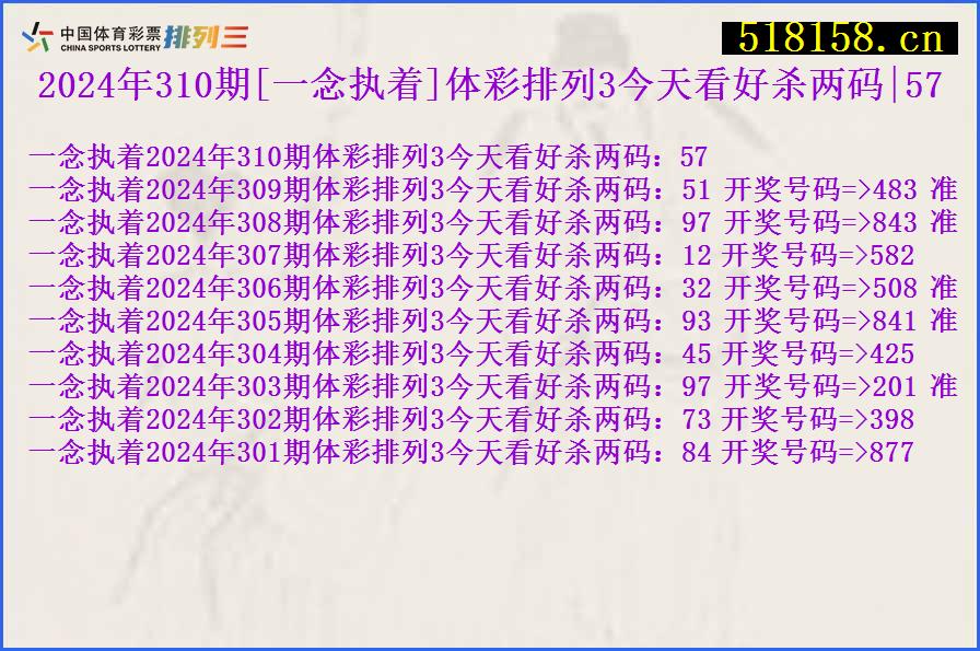 2024年310期[一念执着]体彩排列3今天看好杀两码|57