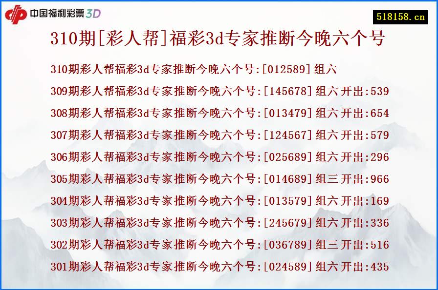 310期[彩人帮]福彩3d专家推断今晚六个号