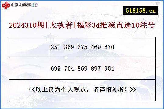 2024310期[太执着]福彩3d推演直选10注号