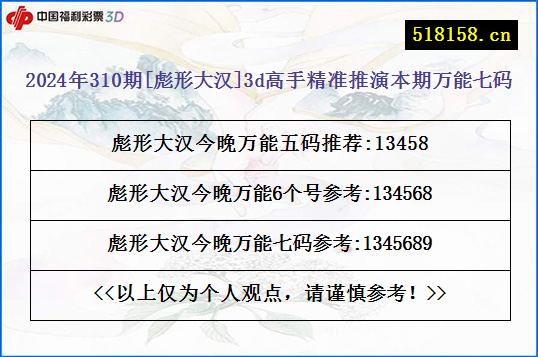 2024年310期[彪形大汉]3d高手精准推演本期万能七码