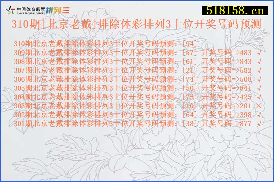 310期[北京老戴]排除体彩排列3十位开奖号码预测